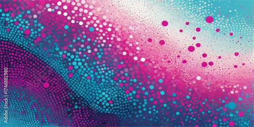 Bright pink and blue bokeh lights create a shiny, abstract, colorful background with a vibrant star and snow pattern illustration for a dark Christmas holiday wallpaper