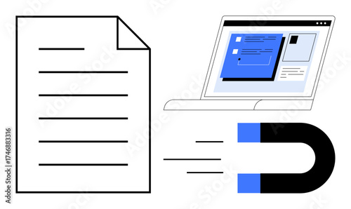 Document, laptop with an open webpage, and a magnet attracting elements symbolize digital content creation, content marketing, data management, online engagement, audience retention, media outreach
