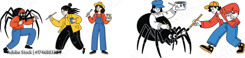 Cartoon People Painting Giant Spiders Illustration in Studio: Comical Artists with Brushes Decorating a Large Arachnid, Creating Whimsical Art, Halloween Themes, Colorful Fashion, Graphic Novel Style,