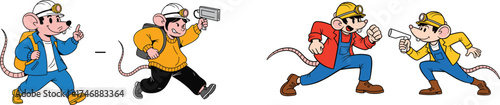Cartoon Mouse Miners Working Together, Communicating with Megaphone, Running in a Team, Excavating Adventure, Underground Industry Workers, Comic Book Style Illustration, Teamwork Concept, Mining, Job