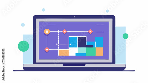 A laptop screen displaying an animated graphic design project in progress with layers and timelines visible in design software.