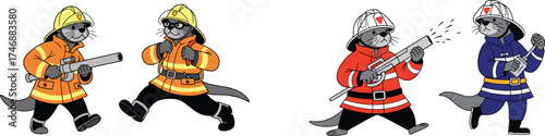 Cartoon Otters as Firefighters Responding to Emergency, Illustrating Safety and Community Service, Promoting Fire Prevention Education, Featuring Animated Characters in Action, Displaying Teamwork and