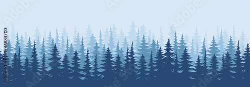 Winter landscape background. Horizontal seamless pattern with coniferous forest. Pine, spruce, fir tree silhouette.