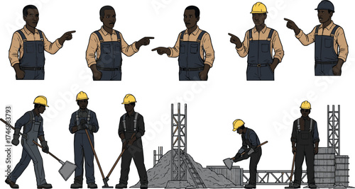 Construction workers in safety helmets, teamwork on building site, industrial labor, scaffolding, teamwork illustration, professional workplace, Christmas zombie concept art