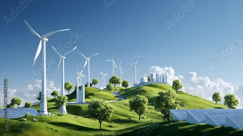 Wind turbines and solar panels on green landscape under blue sky, renewable and sustainable energy. Concept: Renewable energy, sustainability, clean technology, green power, eco-friendly.