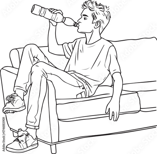 a simple, minimalist black-and-white coloring page drawing of an attractive young man drinking from his water bottle while watching tv