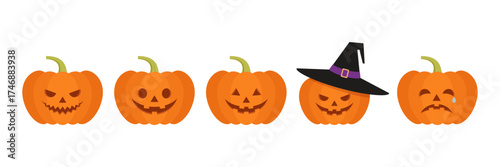 Halloween pumpkin face icon. Jack - o' – lantern set. Halloween scary pumkins with smile, happy and sad faces. Spooky autumn symbols. Orange gourd on white background. Vector illustration. Flat design