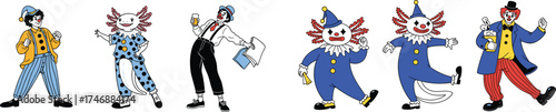 Whimsical Clown Axolotls Performing Comical Skits: Vintage Circus Performers, Engaging Entertainment, Nostalgic Presentation, Blue and Yellow Costumes,  Playful Antics, Fun for Children, Traditional H