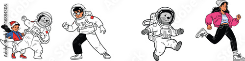 Playful Explorers Running in Space Adventure: Cartoon Figures Chase in Zero Gravity Environment, Astronaut, Cosmonaut & Woman Run, Sci-Fi Concept for Children's Education, Modern Illustration for Web