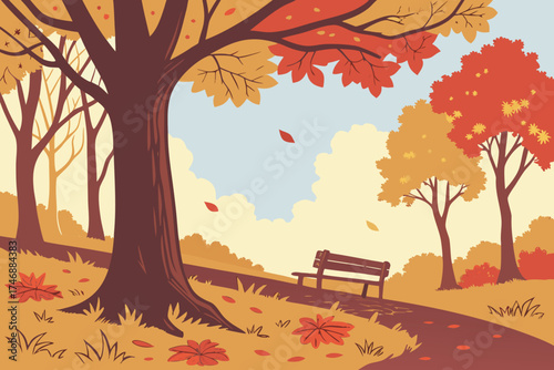  autumn forest, wooden bench, fallen leaves, vibrant colors, warm tones, cozy atmosphere, nature scene, serene landscape, scenic view, tranquil setting