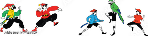 Whimsical Elves Adventure, a Colorful Cartoon Illustration of Fantasy Characters in Dynamic Action Poses with a Parrot Companion for Children's Books, Games, and Creative Projects with Storytelling El