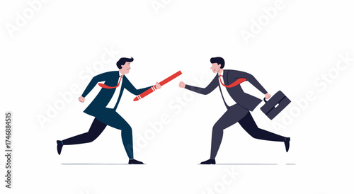 Two businessmen running and passing a baton.

