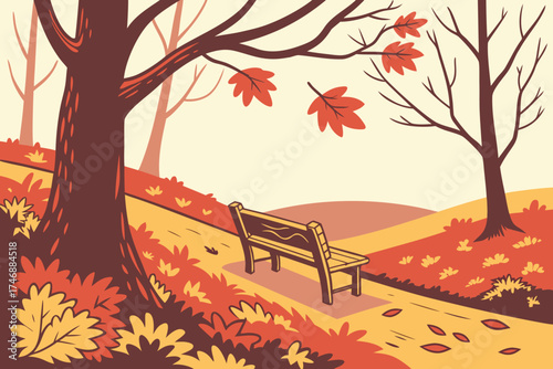  autumn forest, wooden bench, fallen leaves, vibrant colors, warm tones, cozy atmosphere, nature scene, serene landscape, scenic view, tranquil setting