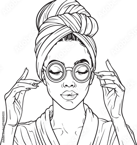 african american woman with a towel on her head, wearing a robe and having a cucumber slice over her eyes for an eye mask, holding two fingers