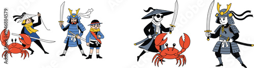 Cartoon Samurai Warriors Confronting Crabs, a whimsical clash of cultures, featuring Japanese swordsmen in action poses against vibrant red crustaceans, evoking a sense of playful adventure and cultur