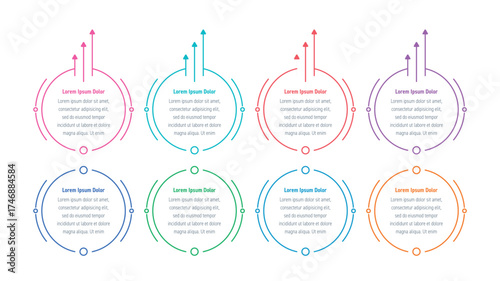 Infographic template for technology, business, education, industry, and business. Eight-step information template with colorful arrows and colored circles. Infographic template for magazine, annual re