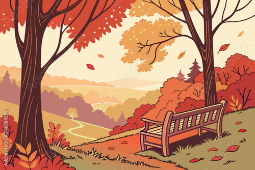  autumn forest, wooden bench, fallen leaves, vibrant colors, warm tones, cozy atmosphere, nature scene, serene landscape, scenic view, tranquil setting