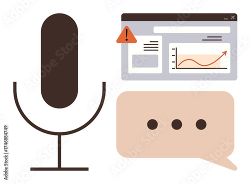 Microphone, analytics dashboard with alert and graph, and speech bubble. Ideal for podcasts, voice recognition, analytics, communication, data visualization technology and presentations. Simple