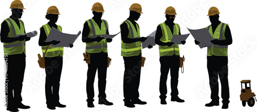 Construction workers team discussing blueprints at building site, teamwork safety planning with hard hats, engineering collaboration, architecture project management, Christmas zombie