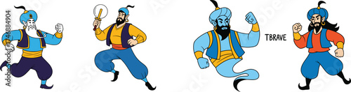 Vintage Cartoon Genies Collection: Classic Arabian Nights Characters in Action Poses, Magical Spirits, Folklore Tradition, Wishes Granted, Storytelling Illustrations for Children, Retro Style, Vivid C