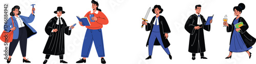 Diverse Professionals Working in Various Industries: Legal Expert Debating, Geologist with Hammer, Academic Teacher Reading, with Book, Lawyer Holding Sword, Analyzing Information for Presentation, Ma