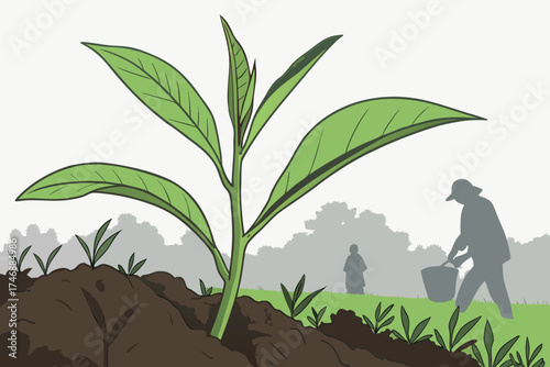  A young green plant shoot growing from fertile soil, with lush foliage in a blurred natural background, environmental conservation, organic farming, sustainable agriculture, macro photography