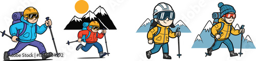 Cartoon Hikers Trekking Through Mountainous Terrain: Adventurous Backpackers Exploring Nature, Illustration Style, for Outdoor Recreation, Travel, Adventure, Fitness, Healthy Lifestyle, Tourism, and E