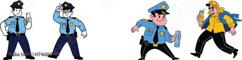 Diverse Cartoon Police Officers with a Thirsty Citizen Illustration: Law Enforcement Teamwork, Community Safety, and Public Service in a Whimsical Style for Education, Presentations, and Creative Proj