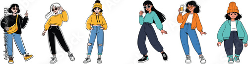 Diverse Group of Young Women Posing in Trendy Casual Outfits with Accessories, Celebrating Modern Lifestyle and Individuality in Urban Settings, Fashionable Expressions of Youthful Confidence for Mark