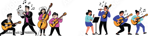 Lively Musicians Performing Concert Music Together in Orchestral Harmony, Expressing Joy and Creativity on Acoustic Guitars, Flute, Cello, with Musical Notes in a Cheerful Performance, for Art, Entert