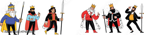 Regal Kings Characters Collection: Diverse Cartoon Monarchs in Various Poses Holding Scepters, Depicting Royalty, Leadership, History, and Fantasy Themes for Illustrations, Animation, and Storytelling