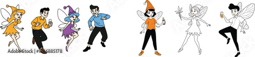 Playful Cartoon Fairies and Businessmen Dancing in a Whimsical Scene of Celebration and Success, Perfect for Advertising, Children's Illustrations, Marketing Materials, and Fantasy Designs with Vibran