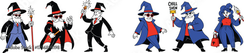 Whimsical Wizards Convention: Charming Enchanters Gathering with Magical Staffs & Spells in Colorful Suits, Conjuring Innovation & Mystery for Fantasy Presentations, Modern Marketing & Playful Busines