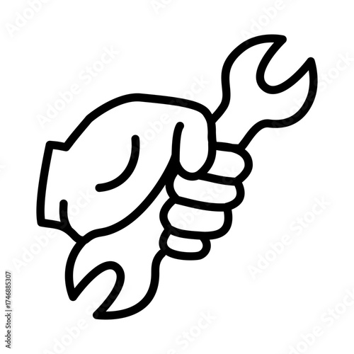 Vector illustration of hand holding wrench symbolizing auto service, mechanic work, repair and maintenance concept.