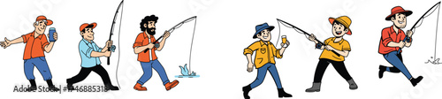 Cheerful Fishermen Catching Fish and Enjoying Refreshments Cartoon Illustration, Set of Men Fishing with Rods by River or Lake, Leisure Recreation, Outdoors Activity, Fun Vacation, Relaxation, Editabl