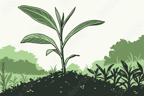  A young green plant shoot growing from fertile soil, with lush foliage in a blurred natural background, environmental conservation, organic farming, sustainable agriculture, macro photography