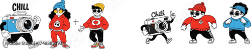 Retro Camera Characters Dancing and Posing Illustration Set:  Whimsical Vintage Cartoon Style Mascot Collection for Photography Branding, Modern Graphic Design Projects, Educational Content, Chill Lif