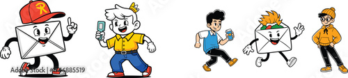 Cartoon Mail Characters Delivering Messages for Modern Communications Technology, Digital Marketing, Business Solutions, Networking, and Global Connectivity in a Colorful Retro Style Illustration