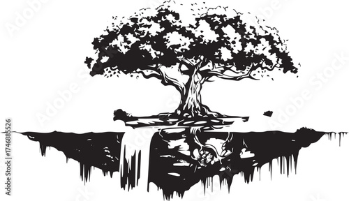 black and white vector illustration of an oak tree with roots in the ground, floating on top of a waterfall on a small island surrounded by clouds