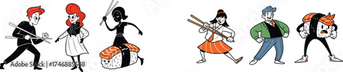 Sushi Chefs and Enthusiasts in Whimsical Poses Preparing Japanese Cuisine, Celebrating Culinary Arts, in a Fun, Animated Style, Perfect for Restaurant Marketing and Menu Illustrations, Promoting Gastr