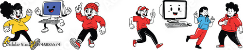 Enthusiastic People with Computers Pointing Up - Retro Cartoon Characters Running with Technology in Futuristic World for Education, Gaming, or Business Presentations - Modern Graphic Illustrations