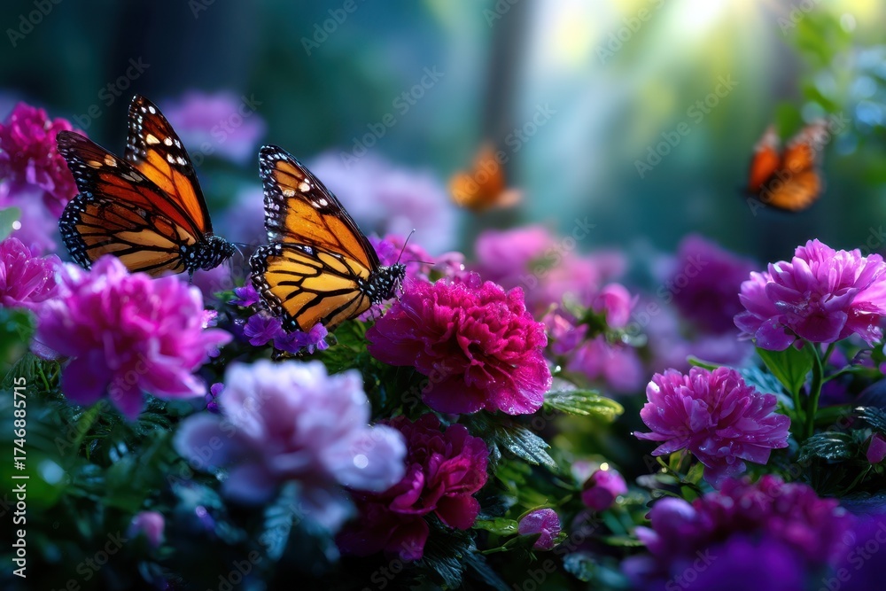 Fototapeta premium Monarch butterflies fluttering among vibrant flowers in a lush garden