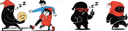Comical Sleepwalking Characters Escorting People on a Journey Through Dreams and Nightmares, Navigating Sadness with Red Hoods and Sunglasses, Conceptual Illustration for Mental Health Wellness, Quirk