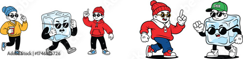 Cool Cartoon Characters Collection: Ice Cubes and Trendy People Walking Around, Expressing Modern Lifestyle, Perfect for Creative Projects, Website Graphics, Social Media Marketing and Engaging Visual