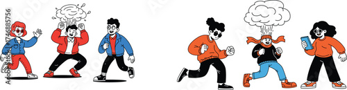 Diverse People Running Away From Problem Under Pressure in Cartoon Style, Illustrating Stress, Panic, and Escape in Modern Society, Business, Education, and Mental Health Presentations and Marketing M