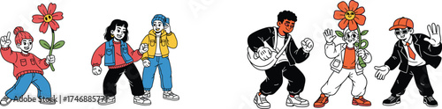 Diverse Group of Retro Cartoon Characters Posing Together: Friends and Individuals Expressing Joy and Positivity in a Stylized Setting for Generational Marketing, Youth Culture, and Inclusive Communic