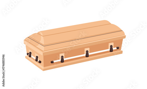 Coffin, wooden casket with handles. Ritual mourning box, funeral burial case for memorial ceremony, Christian religious death. Flat vector illustration isolated on white background.