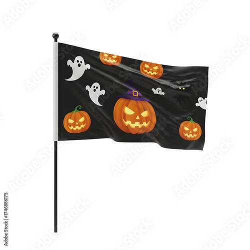 Halloween Flag with Pumpkins, Ghosts and Bats Waving in the Wind