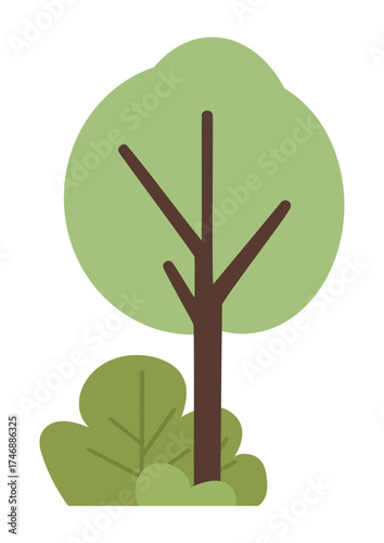 Green tree with bushes illustration. Abstract landscape element for background. Earth day and environmental concept.