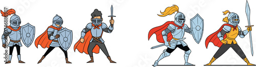 Illustrative Knights Protecting the Realm: Medieval Soldiers in Armor with Swords and Shields Standing Guard, Fantasy Kingdom Defenders Ready for Battle, Cartoon Style Warriors, Action Heroes for Chil